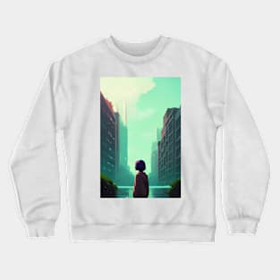 Cool Anime Girl in Streets Lofi Scenario Landscape Crewneck Sweatshirt